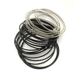 CHICO'S Black and Silver Tone Thin Twisted Bangle Chunky Stacker Set